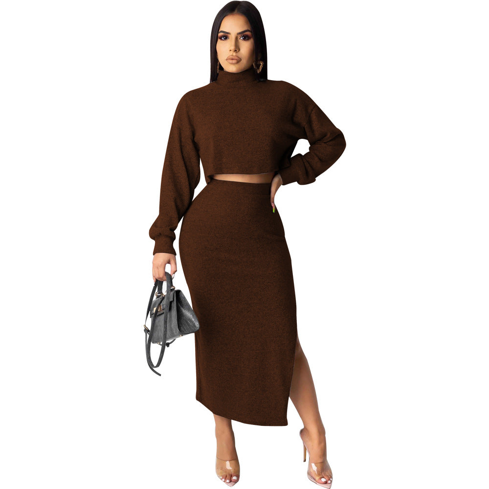 Sexy turtleneck exposed navel split skirt two-piece suit