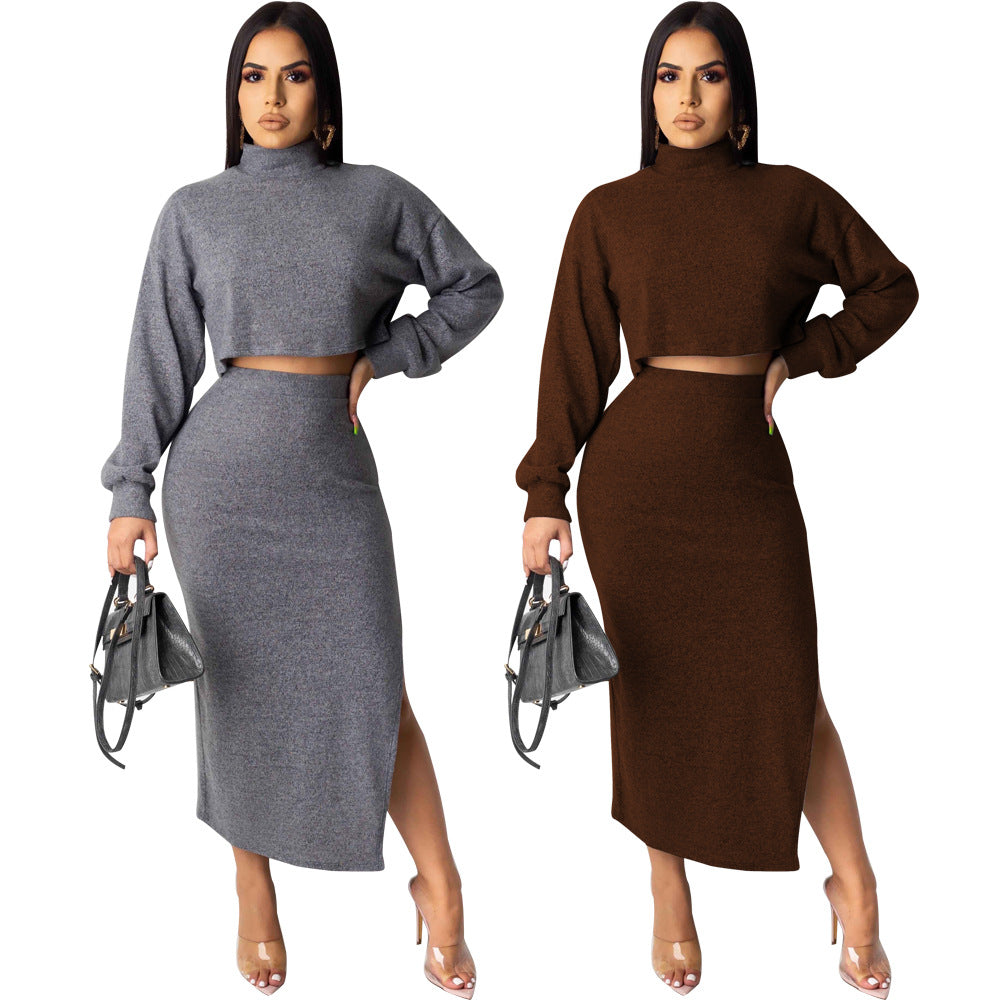 Sexy turtleneck exposed navel split skirt two-piece suit