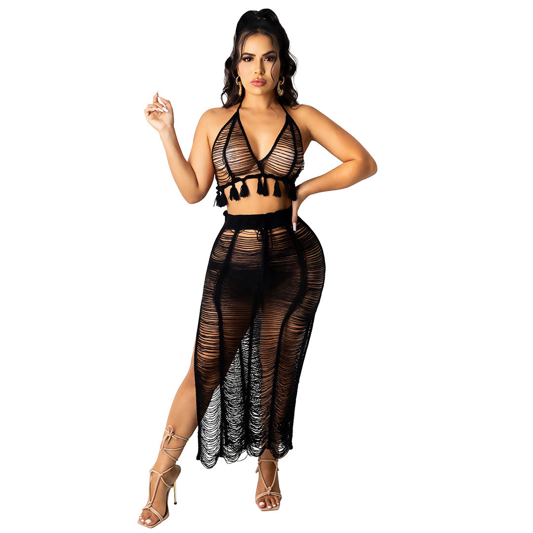 Women's Sexy Knitted Suit Hollow Swimsuit Two-piece Skirt
