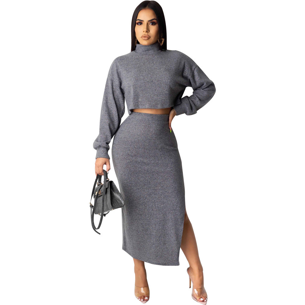Sexy turtleneck exposed navel split skirt two-piece suit