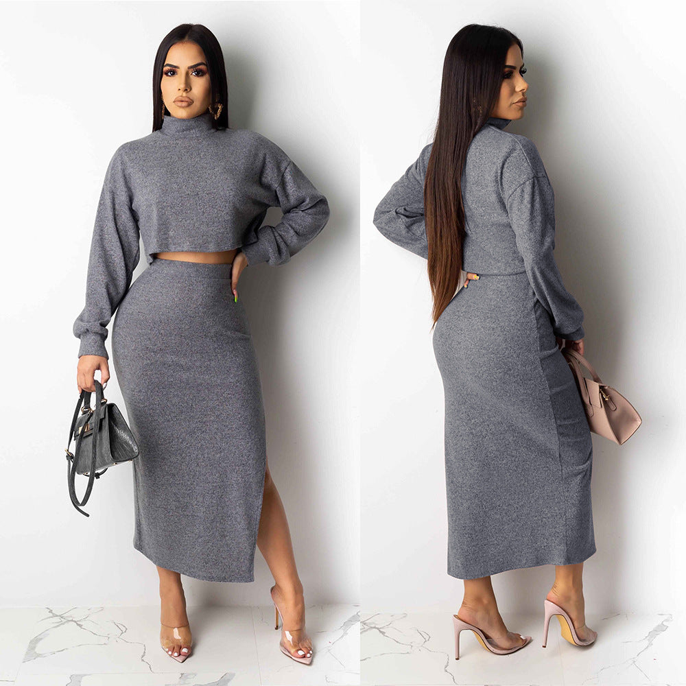 Sexy turtleneck exposed navel split skirt two-piece suit