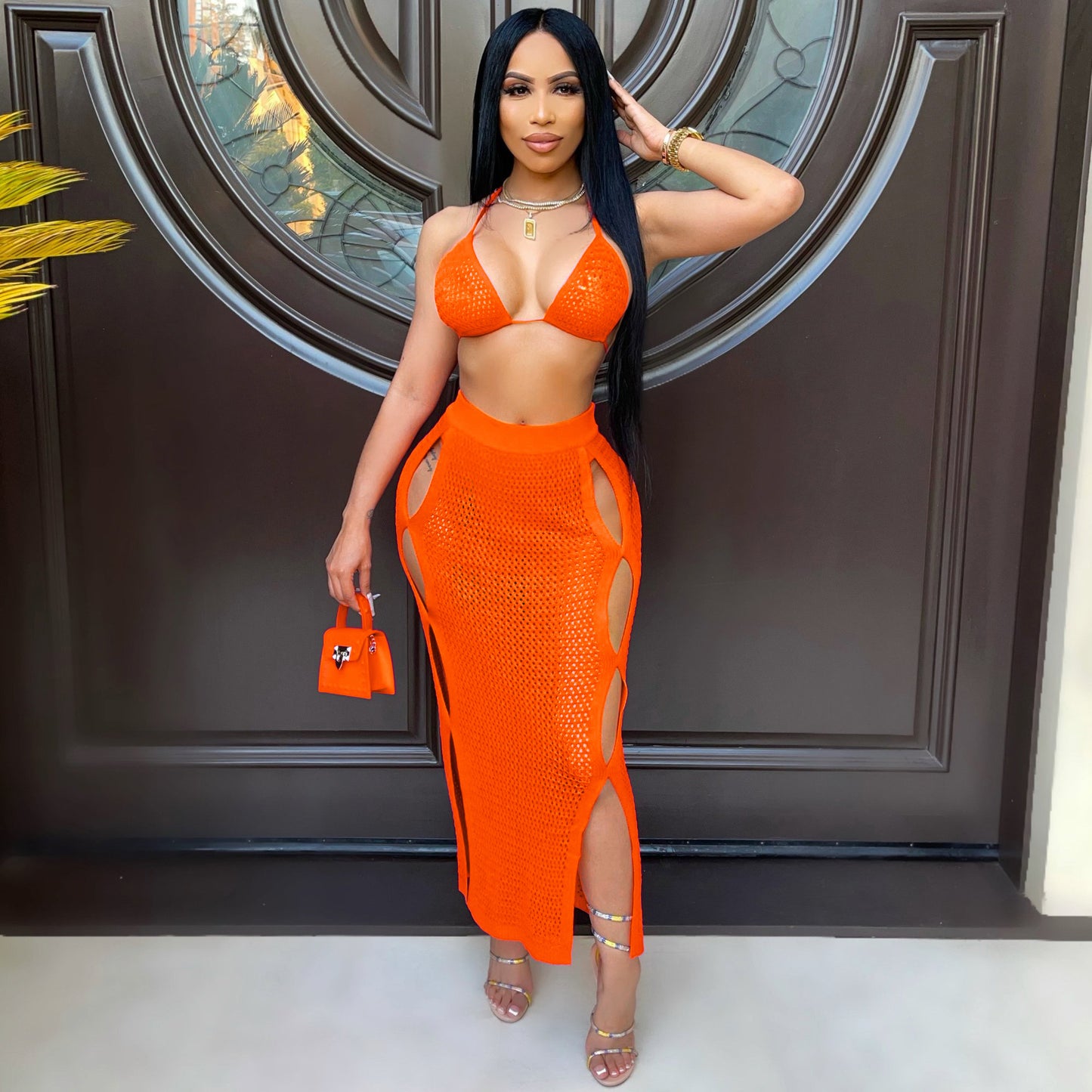 Women's Sexy Knitted Suit Hollow Swimsuit Two-piece Skirt