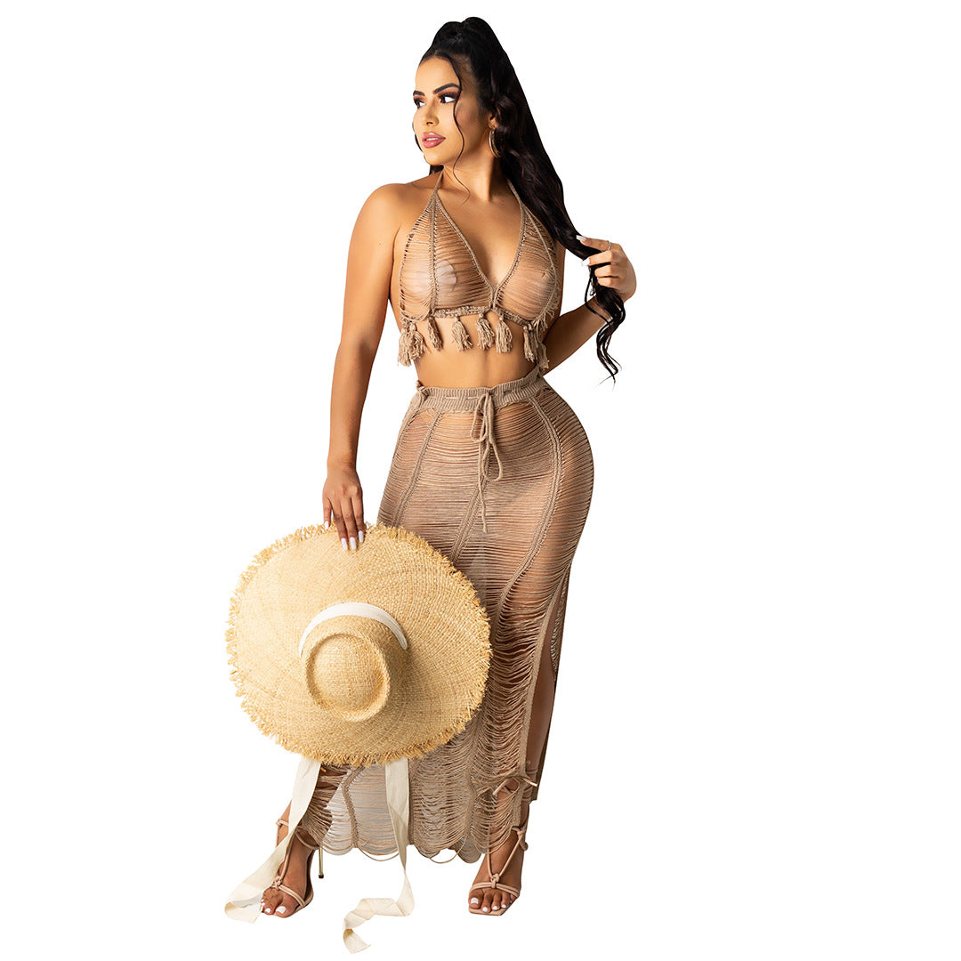 Women's Sexy Knitted Suit Hollow Swimsuit Two-piece Skirt