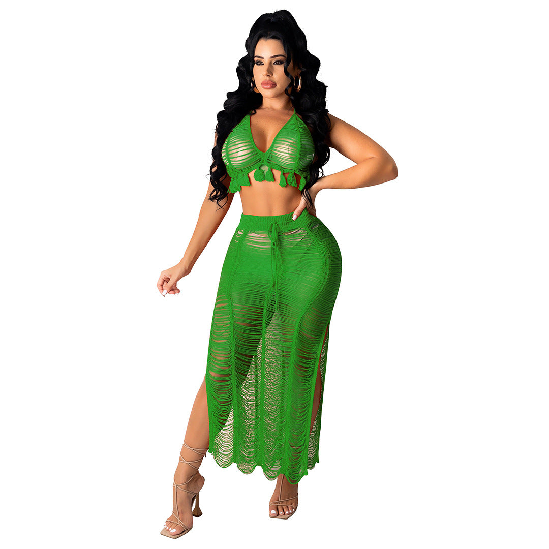Women's Sexy Knitted Suit Hollow Swimsuit Two-piece Skirt