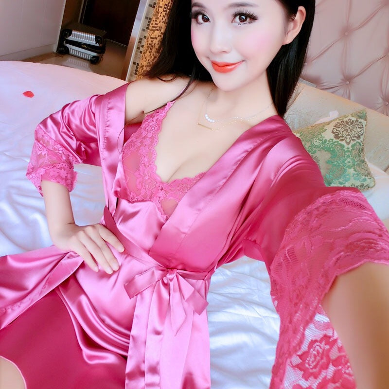 Imitation Silk Sexy Pajamas Pajamas Women's Two-piece Lace Sling Sexy Bathrobe