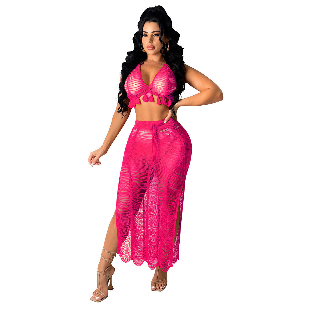 Women's Sexy Knitted Suit Hollow Swimsuit Two-piece Skirt