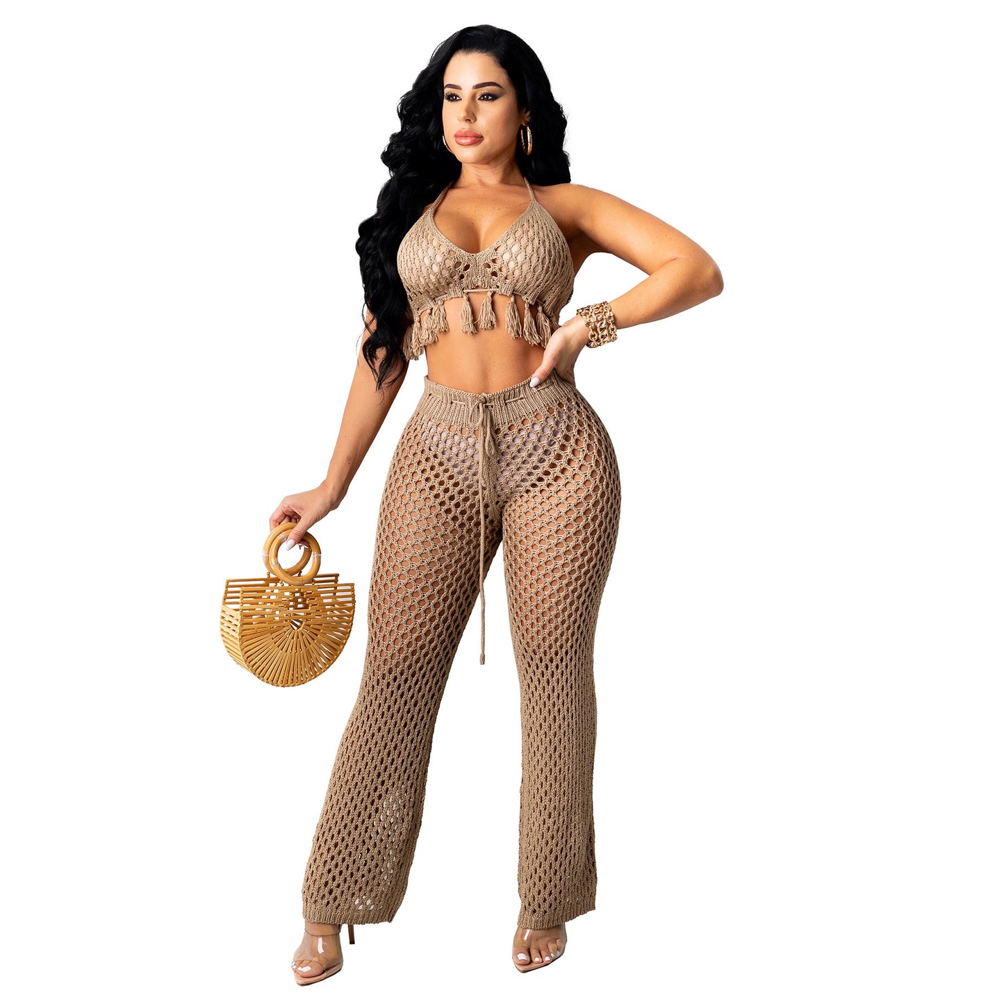 Women's Sexy Knitted Suit Hollow Swimsuit Two-piece Skirt