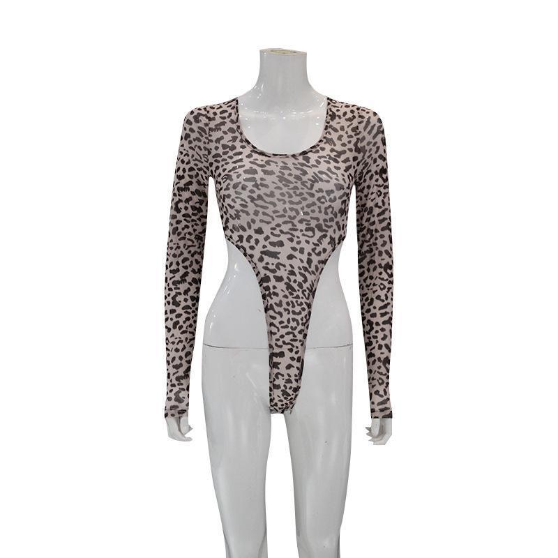 Mesh Leopard Print Tight Cut Out Long Sleeved Jumpsuit