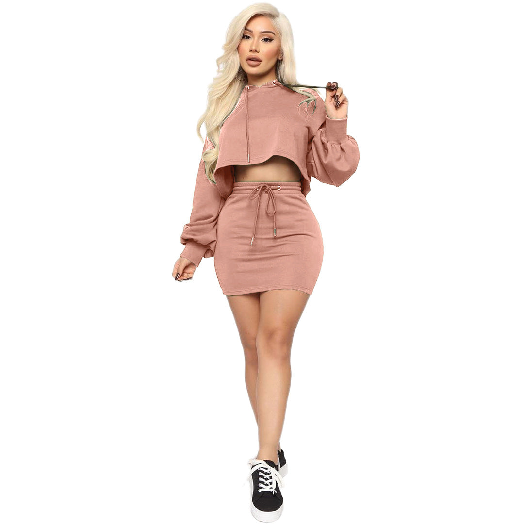 Two-piece sexy hooded strappy solid color skirt suit