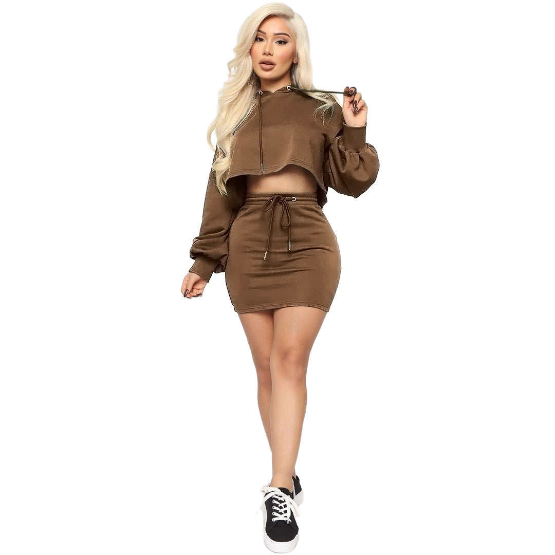 Two-piece sexy hooded strappy solid color skirt suit