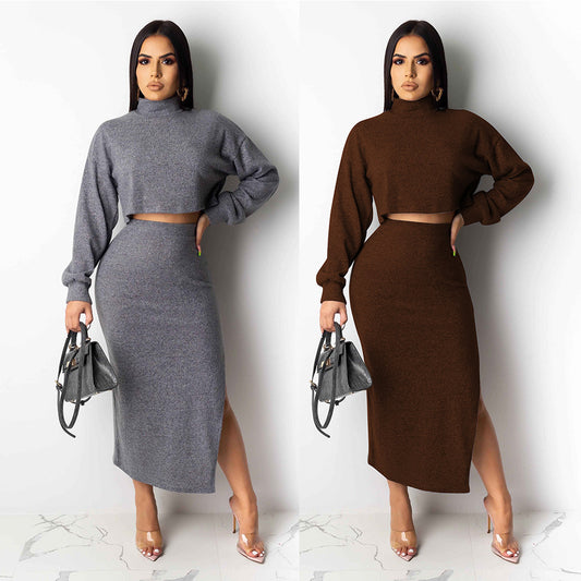 Sexy turtleneck exposed navel split skirt two-piece suit