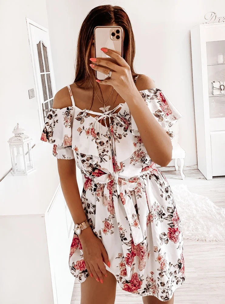 Printed Suspender Ruffle Dress Women's Clothing