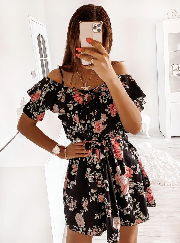 Printed Suspender Ruffle Dress Women's Clothing