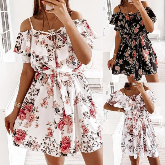 Printed Suspender Ruffle Dress Women's Clothing