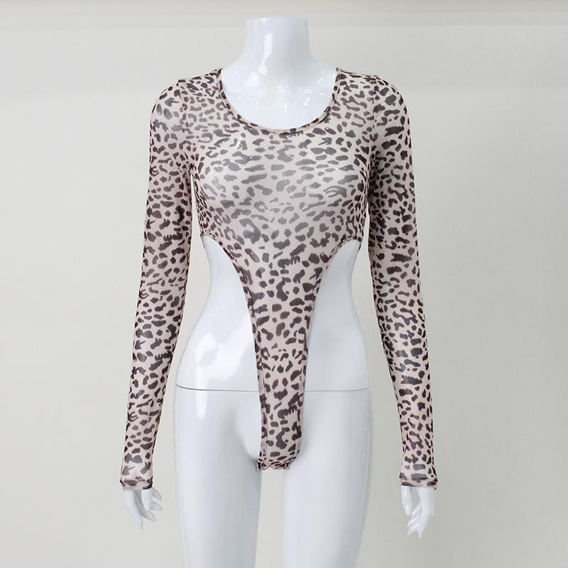 Mesh Leopard Print Tight Cut Out Long Sleeved Jumpsuit